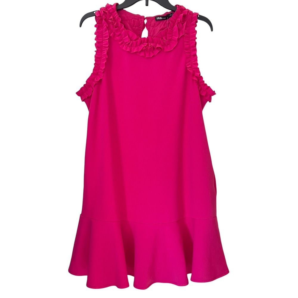 INA Women Fuschia Ruffle Trim Flounce Hem‎ Mini Dress L NWT
